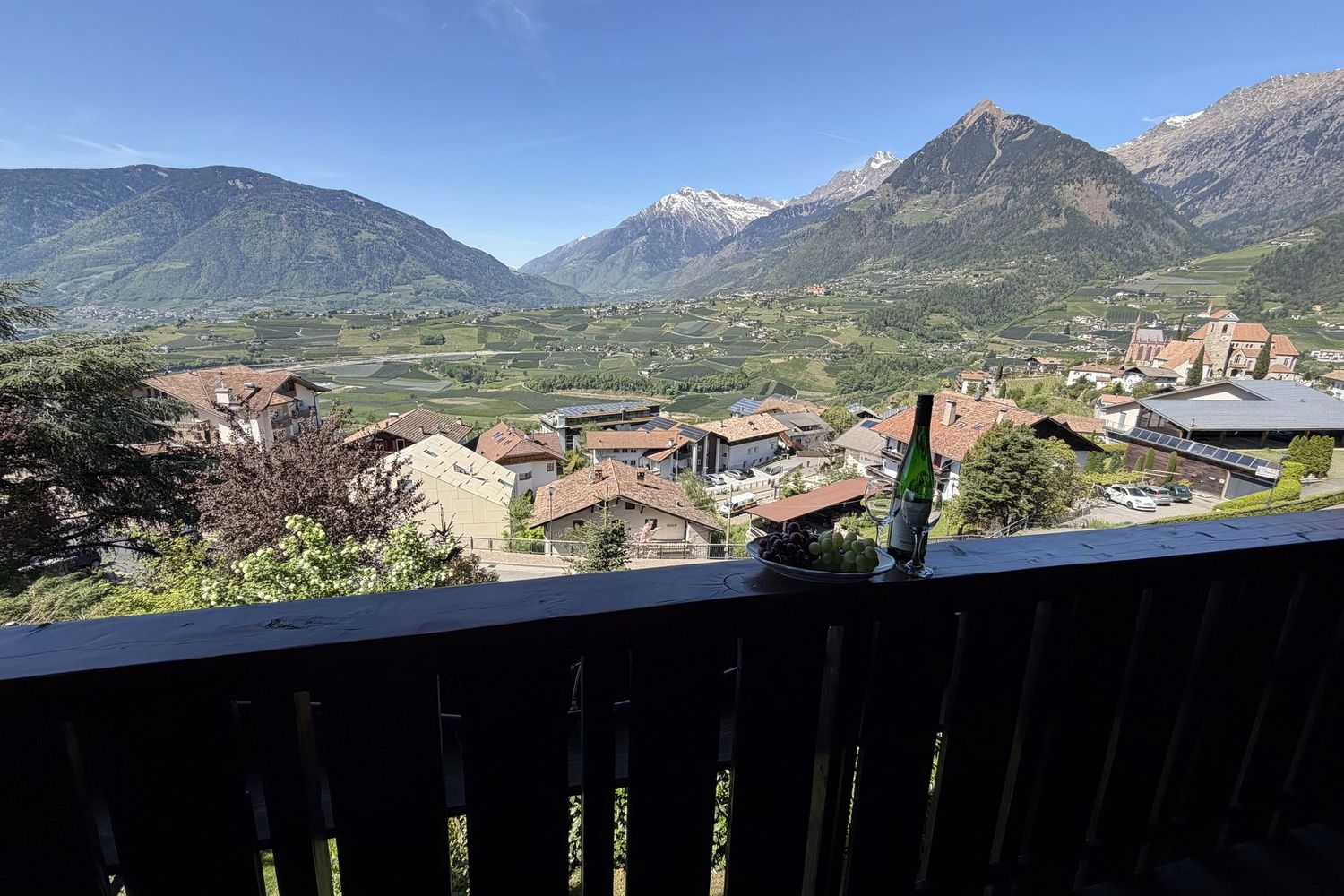 Ein Blick von einem Balkon auf eine alpine Landschaft mit Dorf, Feldern und Bergen, im Vordergrund stehen eine Weinflasche, zwei Weingläser und eine Schale mit Weintrauben.