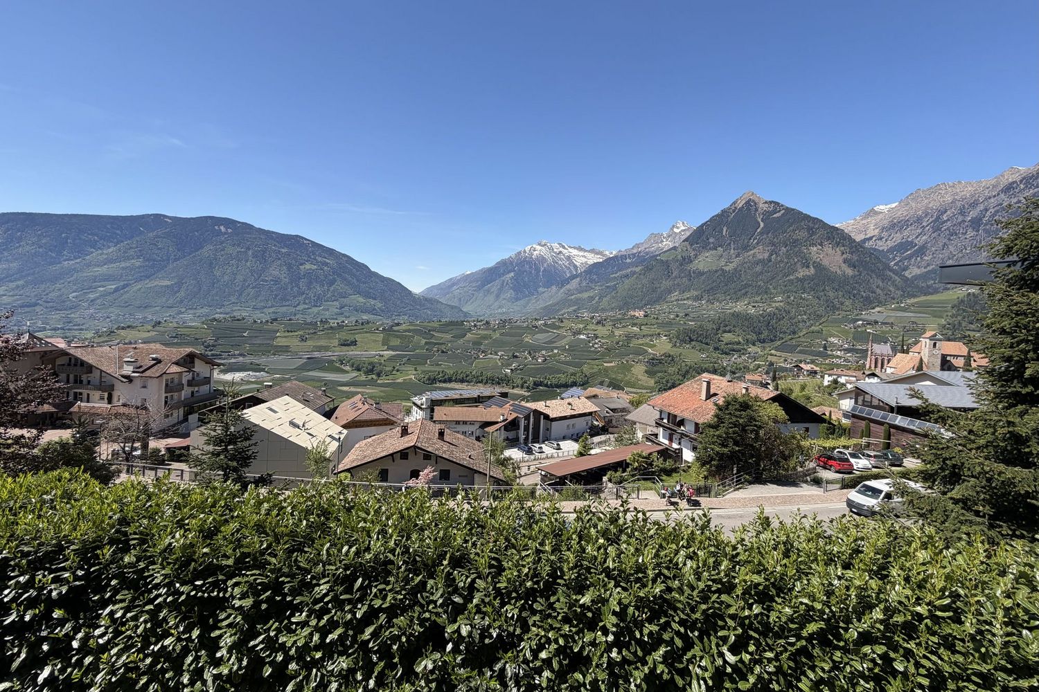 Ein Blick auf ein Südtiroler Dorf aus der erhöhten Perspektive im Vordergrund eine dichte Hecke, im Mittelgrund Gebäude mit Ziegeldächern und im Hintergrund weite grüne Obstwiesen vor einem imposanten schneebedeckten Bergpanorama.