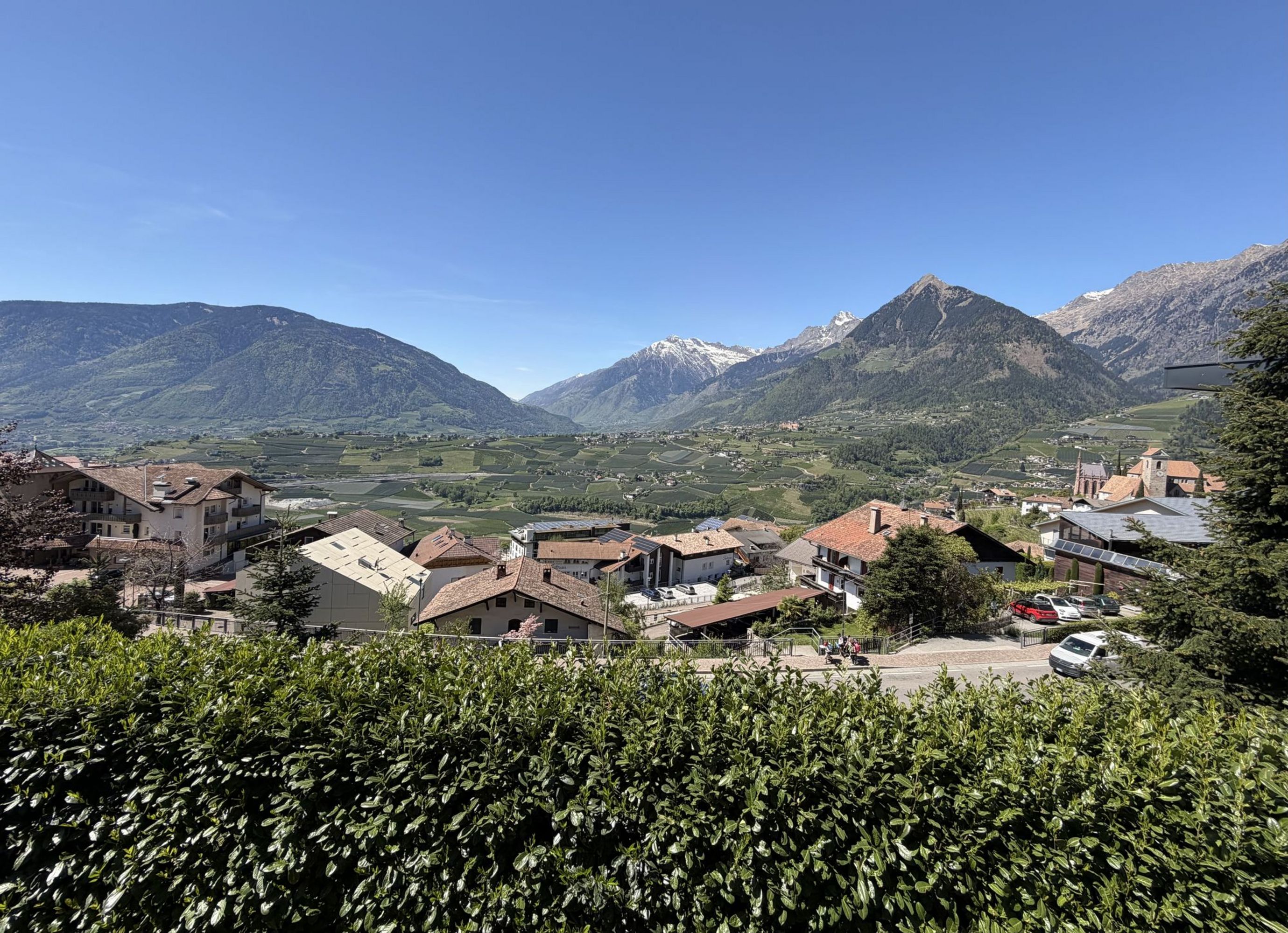 Ein Blick auf ein Südtiroler Dorf aus der erhöhten Perspektive im Vordergrund eine dichte Hecke, im Mittelgrund Gebäude mit Ziegeldächern und im Hintergrund weite grüne Obstwiesen vor einem imposanten schneebedeckten Bergpanorama.